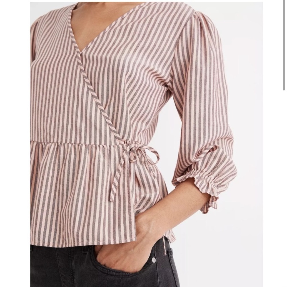 {Madewell} Striped Peplum Wrap Top With Puff-Sleeves~ Size XS